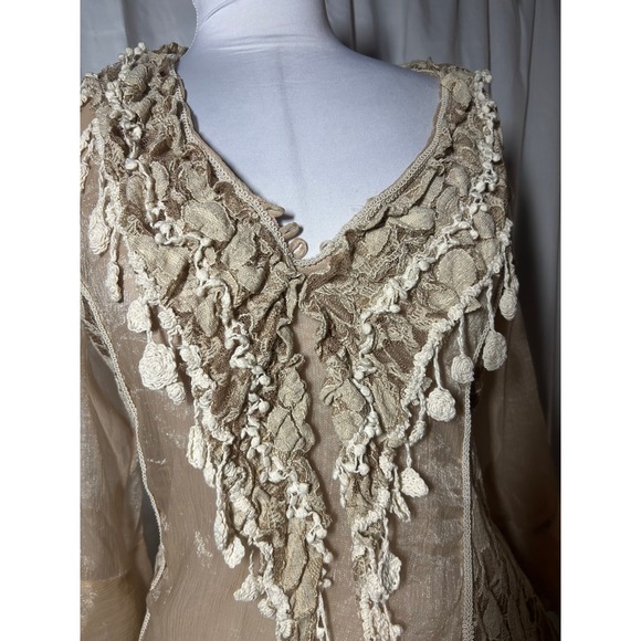 Vintage Pretty Angel Silk Blend Crochet Lace Tunic Top Tan Beige Boho Fairy - Picture 4 of 8